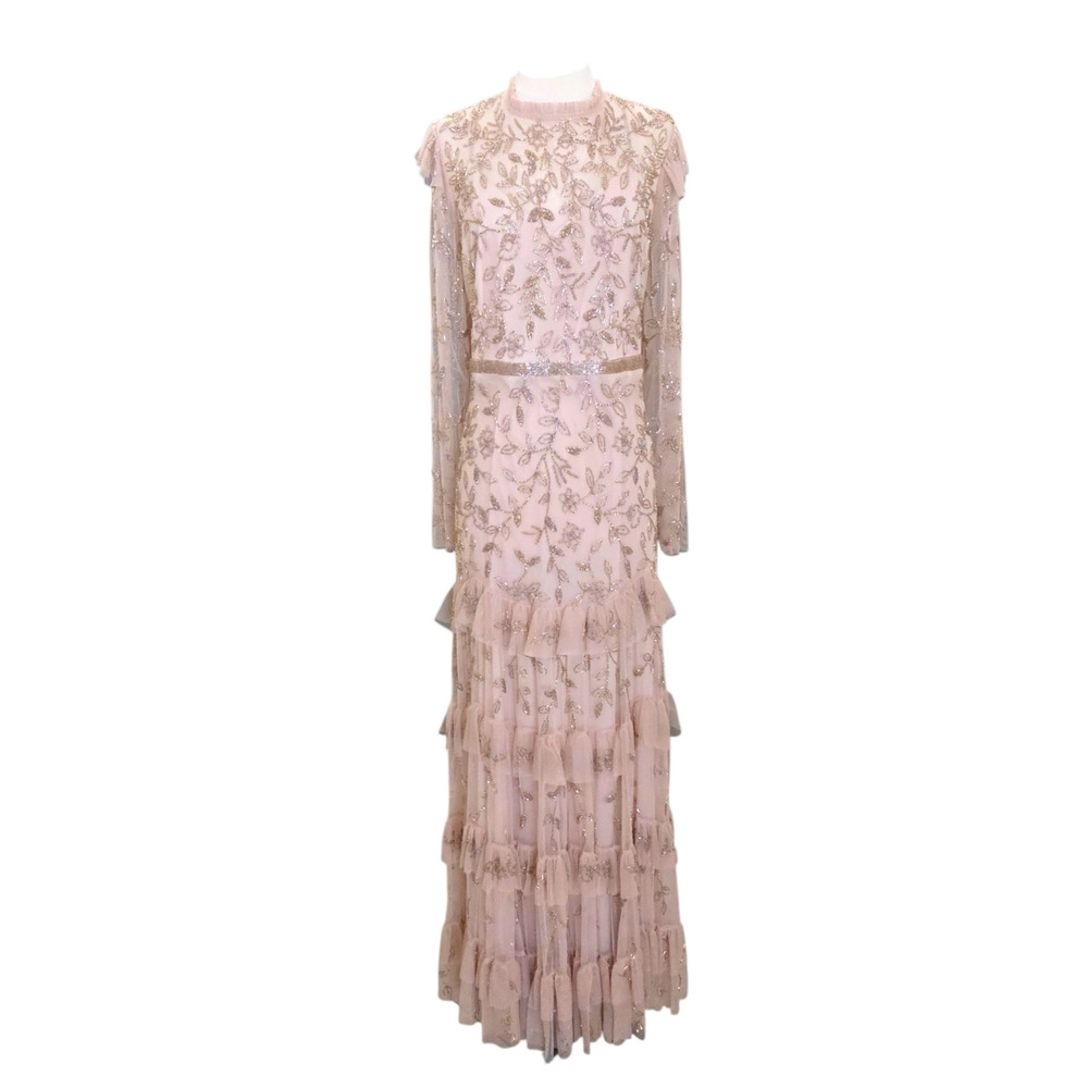 Mac Duggal 9237 Blush Beaded Tulle Formal Gown Long Sleeve Size 22 Dress - Picture 2 of 15